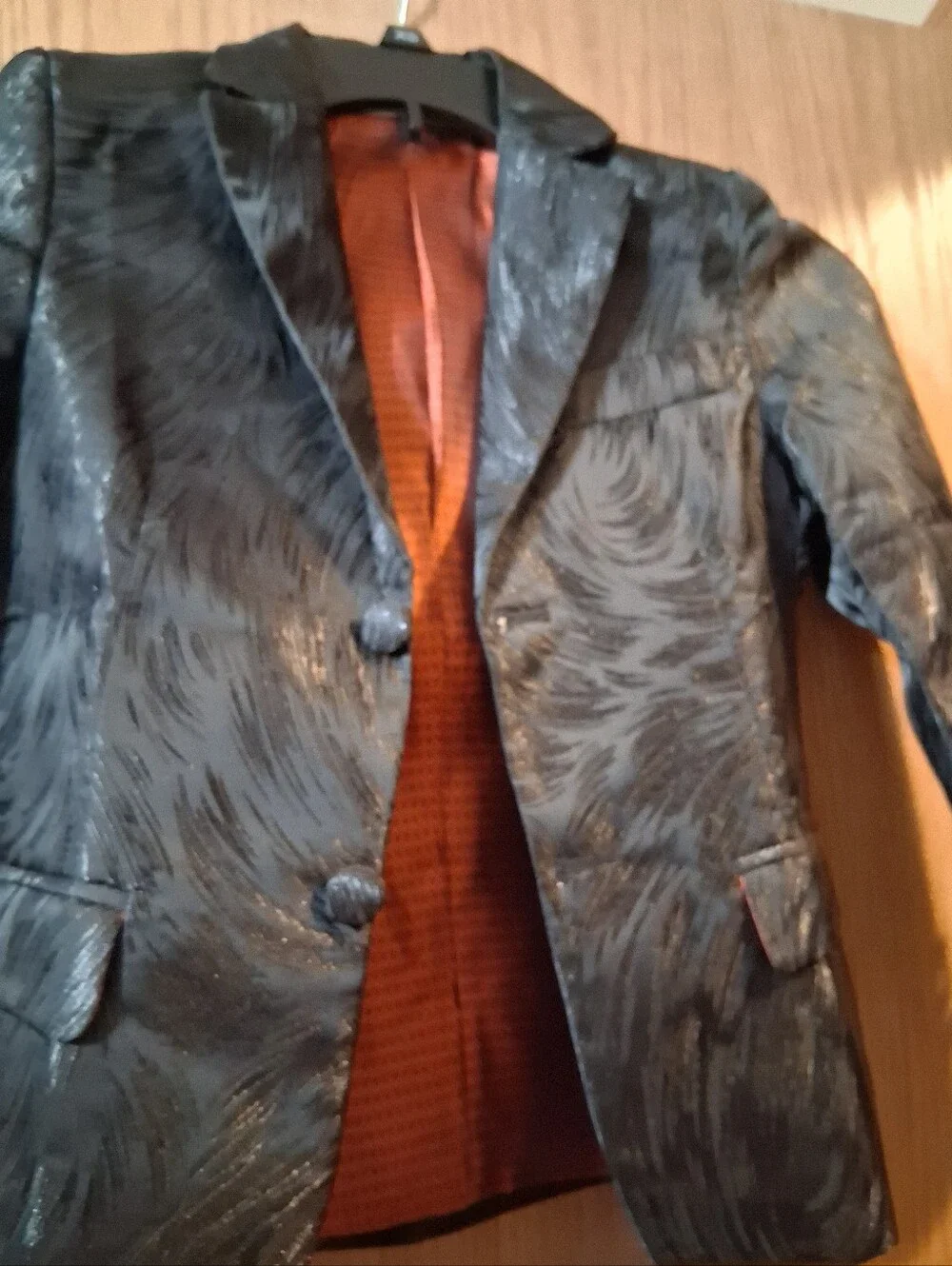 YuanLu boys' formal blazer  jacket, Black Textured Shimmer, Orange Lining Sz 7
